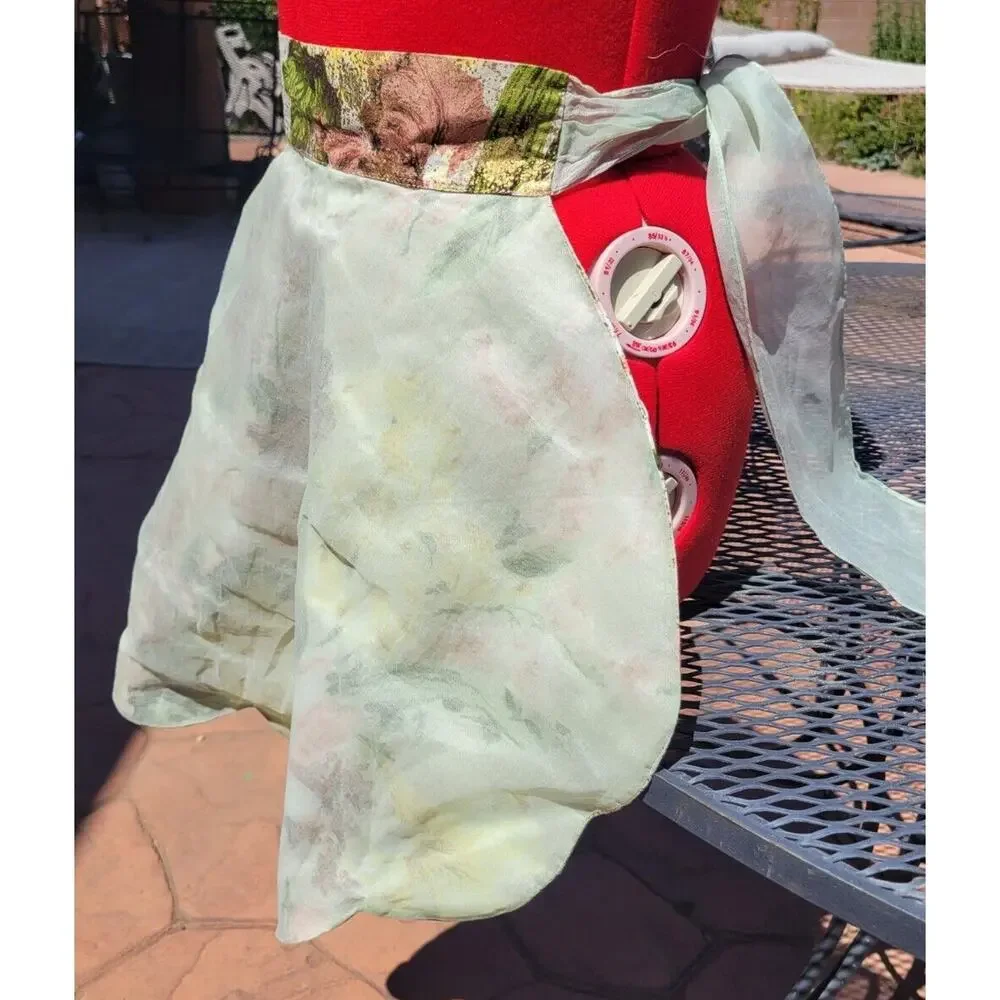 Vintage Reversible Chiffon Cotton Half Apron Gold Green Flowers Sexy MCM Hostess